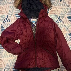 Columbia Girls' Hooded Puffer Jacket in Burgundy with Faux-Fur Trim